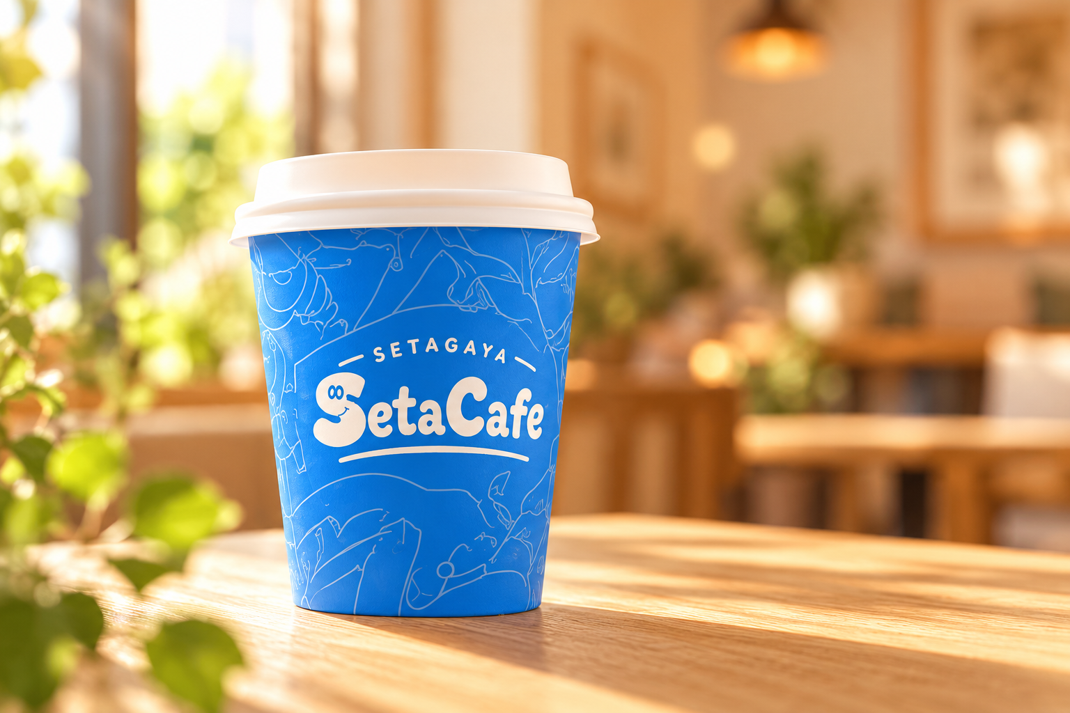 木のテーブルに置かれた青い世田谷カフェのロゴ入りコーヒーカップ